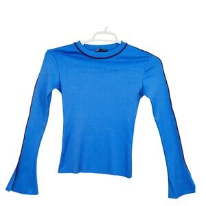Zara Ribbed Knit Long Sleeve Top Electric Blue Burgundy Trim Flare Cuff M